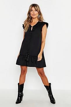 Boohoo Tassel Tie Ruffle Hem Smock Dress