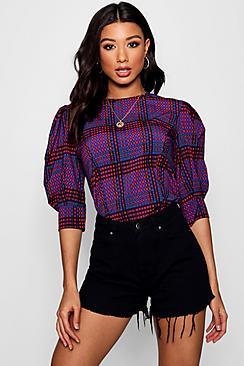 Boohoo Sophie Check Balloon Sleeve Blouse