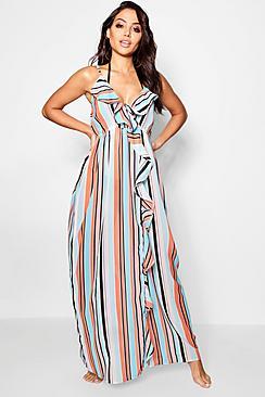 Boohoo Faith Summer Stripe Frill Maxi Beach Dress