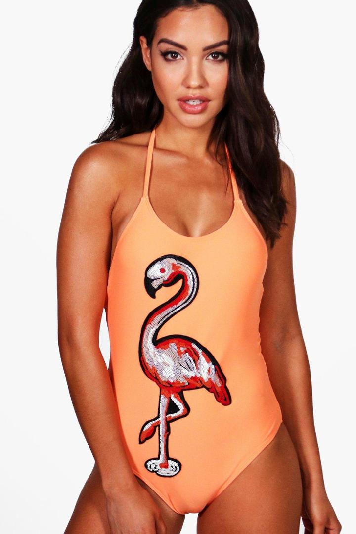 Boohoo Antigua Flamingo Sequin Applique Bathing Suit Coral
