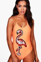 Boohoo Antigua Flamingo Sequin Applique Bathing Suit Coral