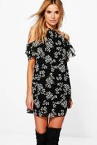 Boohoo Addison Floral Ruffle Tie Neck Shift Dress Multi