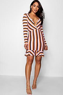 Boohoo Mel V Neck Stripe Ruffle Hem Bodycon Dress