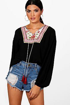 Boohoo Millie Embroidered Tassel Oversized Blouse