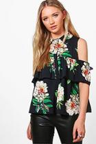 Boohoo Harriet Cold Shoulder Ruffle Blouse