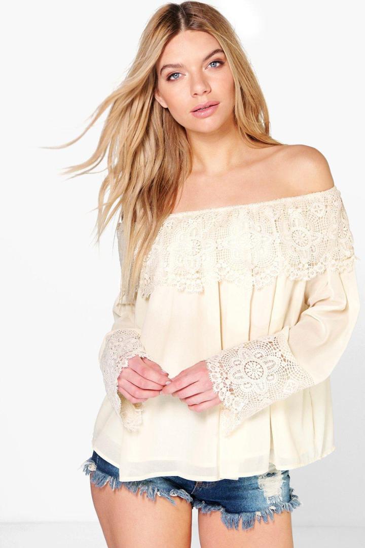 Boohoo Sophie Crochet Lace Trim Off The Shoulder Top Stone