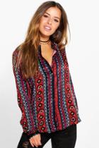 Boohoo Petite Pheonix Silky Printed Collarless Shirt Black