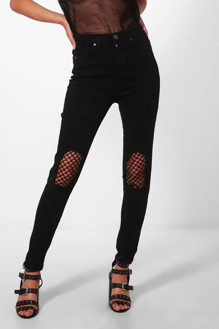 Boohoo Molly Busted Knee Fishnet Skinny Jeans Black