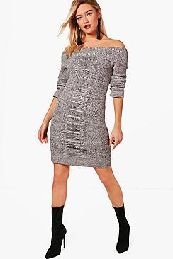 Boohoo Bardot Cable Front Marl Knit Dress