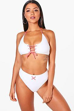 Boohoo Cannes High Leg Lace Up Crop Bikini