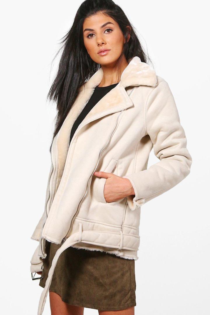 Boohoo Kimberly Faux Fur Collar Longline Aviator Jacket Beige