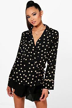 Boohoo Jade Spot Wrap Front Shirt