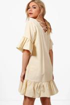 Boohoo Willow Cross Back Ruffle Hem Shift Dress Yellow