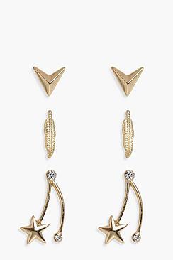 Boohoo Eloise Star, Feather & Arrow Earring 3 Pack