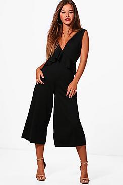 Boohoo Petite Plunge Frill Detail Jumpsuit