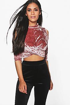 Boohoo Naomi Crushed Velvet Cold Shoulder Crop