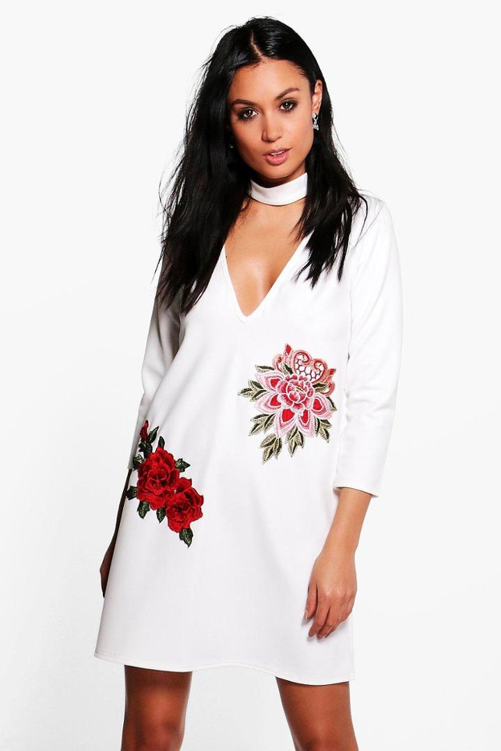Boohoo Taylor Embroidered Choker Shift Dress White