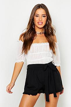 Boohoo Petite Frill Hem Tie Waist Shorts