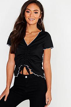 Boohoo Petite Rib Contrast Edge Ruched Top