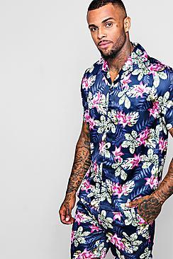 Boohoo Floral Short Sleeve Revere Satin Shirt Co-ord