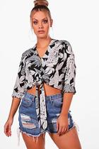 Boohoo Plus Lois Tie Front Tropical Leaf Print Top