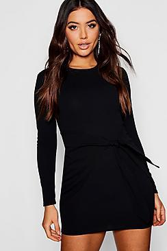 Boohoo Long Sleeved Tie Detail Wrap Bodycon Dress