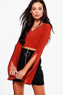 Boohoo Naomi Slinky Extreme Flare Sleeve Crop