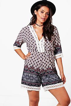 Boohoo Plus Lena Tile Print Crochet Trim Playsuit