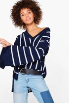 Boohoo Justine Wide Sleeve Striped Oversized Jumper Navy