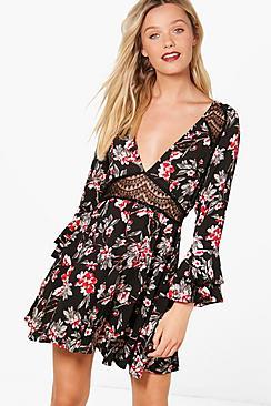 Boohoo Floral Lace Insert Tea Dress