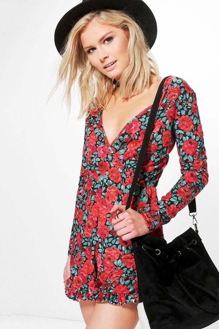 Boohoo Rose Print Frill Hem Playsuit Multi