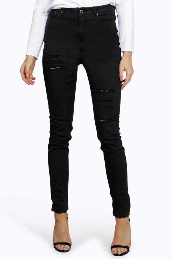 Boohoo Jane 5 Pkt High Rise Ripped Skinny Jeans Black