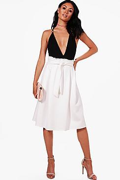 Boohoo Sorelle Ruffle Waist Box Pleat Skater Skirt