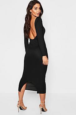 Boohoo Jumbo Rib Long Sleeve Backless Midaxi Dress