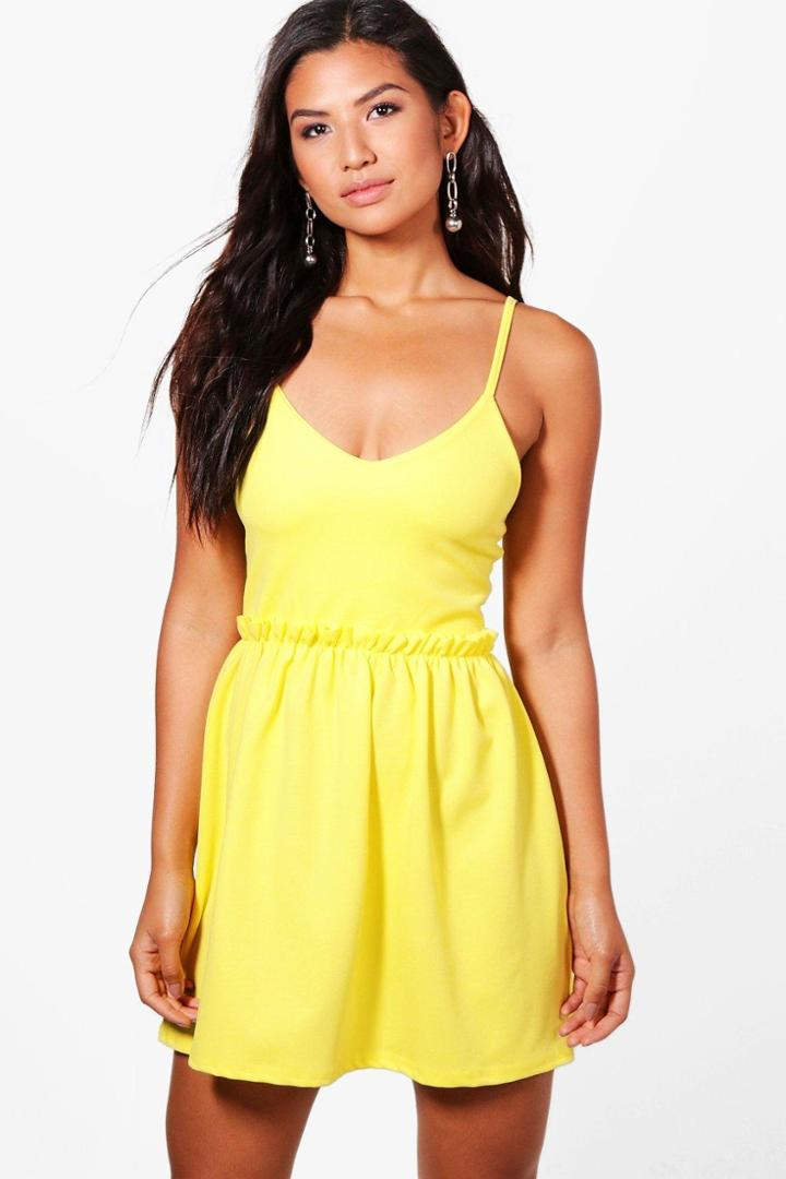 Boohoo Danielle Crepe Frill Waist Skater Dress Yellow