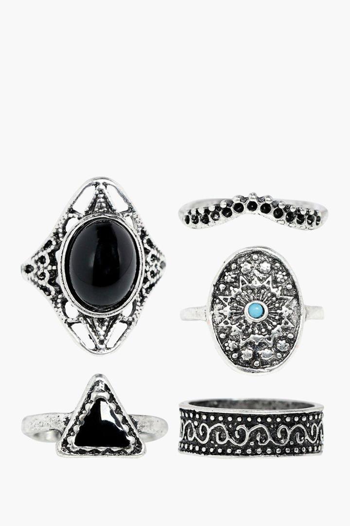 Boohoo Sofia Boho Stone Ring 5 Pack Silver