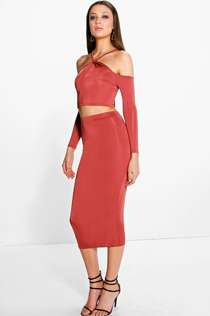 Boohoo Sophie Tie Neck Slinky Off The Shoulder Co-ord Chestnut