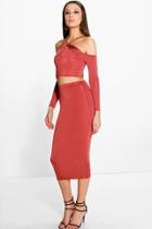 Boohoo Sophie Tie Neck Slinky Off The Shoulder Co-ord Chestnut