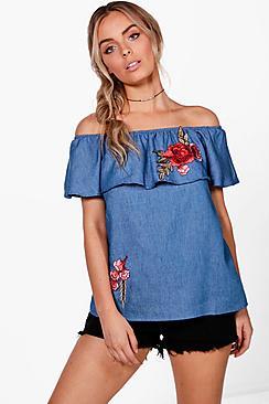 Boohoo Rosie Embroidered Bardot Denim Top