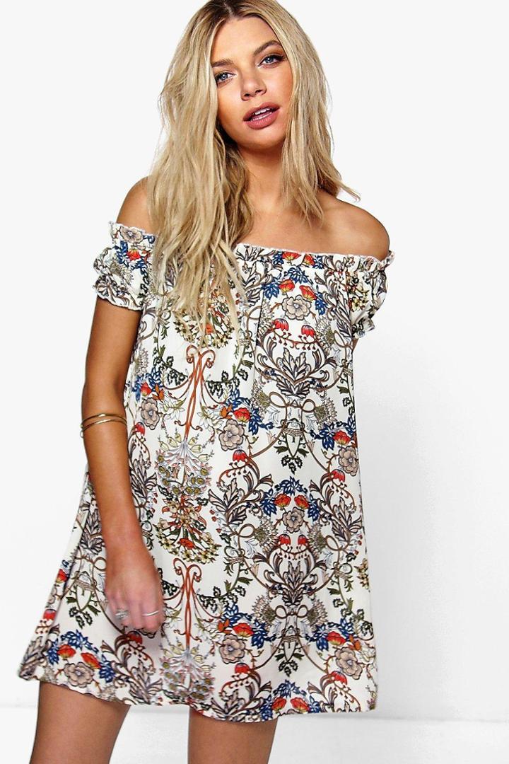 Boohoo Reea Floral Print Off The Shoulder Dress Multi