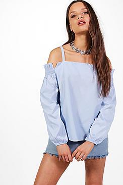 Boohoo Cotton Cold Shoulder Woven Blouse