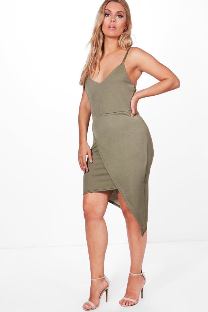 Boohoo Plus Lauren Wrap Front Strappy Midi Dress Khaki