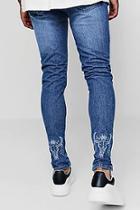 Boohoo Skinny Fit Distressed Jeans With Embroidered Calf