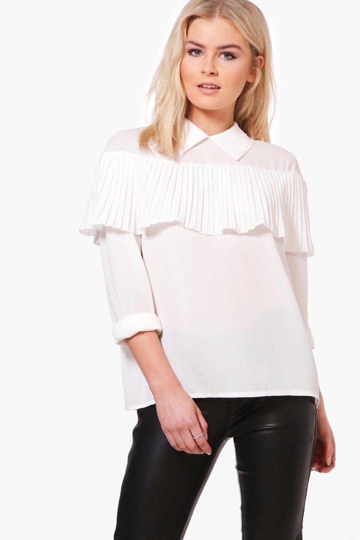 Boohoo Ava Pleated Ruffle Long Sleeve Shirt White