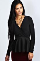 Boohoo Laura Wrap Over Peplum Top Black