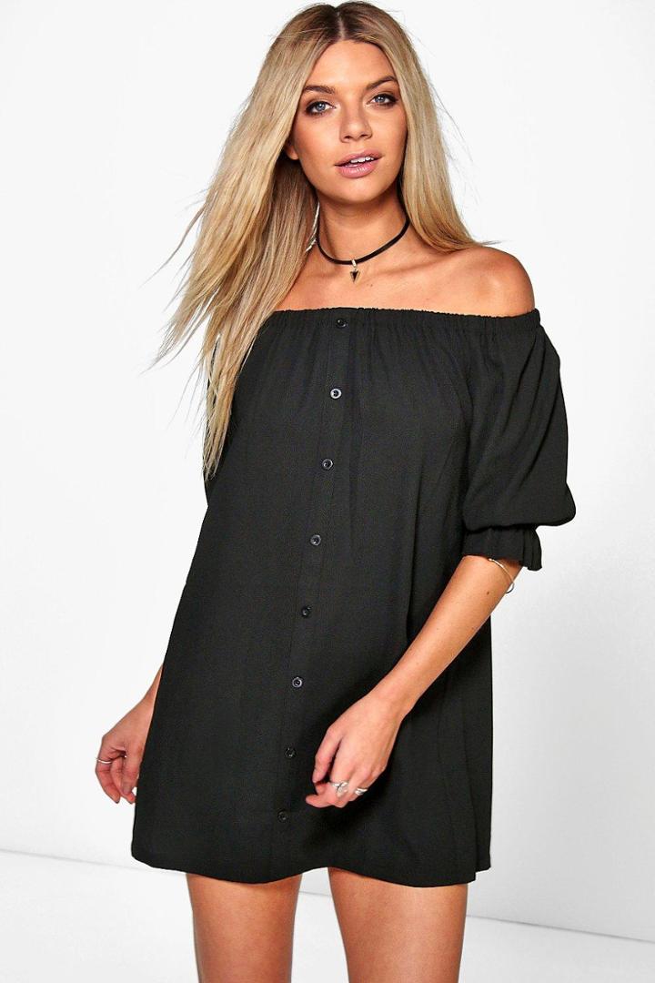 Boohoo Juliette Off Shoulder Button Shift Dress Black