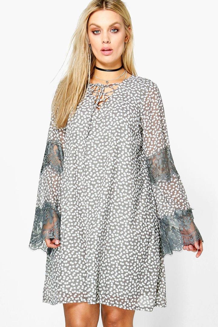 Boohoo Plus Verity Ditsy Floral Print Lace Up Swing Dress Taupe