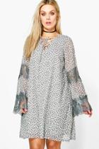 Boohoo Plus Verity Ditsy Floral Print Lace Up Swing Dress Taupe