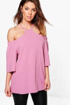 Boohoo Lilly Cold Shoulder Flare Sleeve Crepe Top Rose