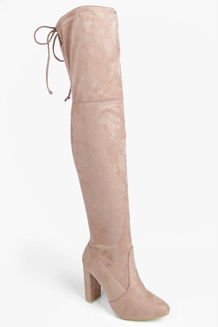 Boohoo Mia Block Heel Lace Up Back Over Knee Boot Mocha